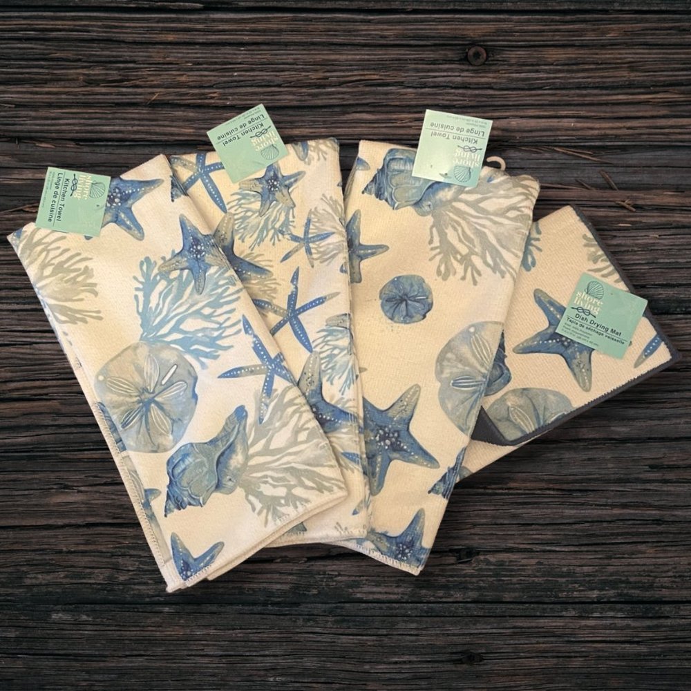 SHORE LIVING - 3 KITCHEN TOWELS AND A DRYING MAT